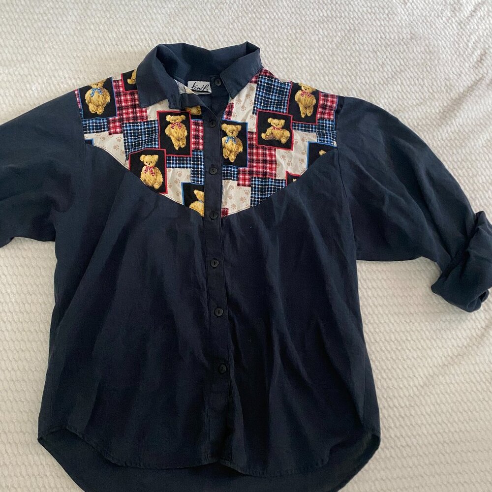 Vintage Teddy Bear Button Up Patchwork Black Silk… - image 1
